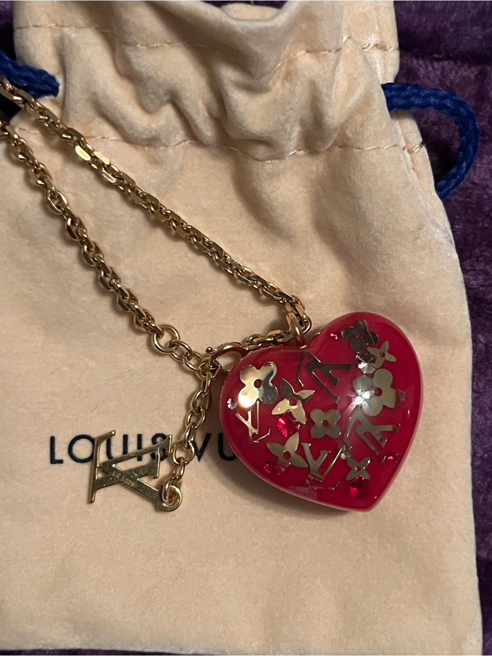 Louis Vuitton Gold Chain with Red Heart Monogram Charm
